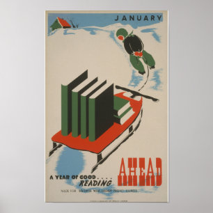 Poster Um Ano de Boa Leitura à Frente Cartaz Vintage WPA