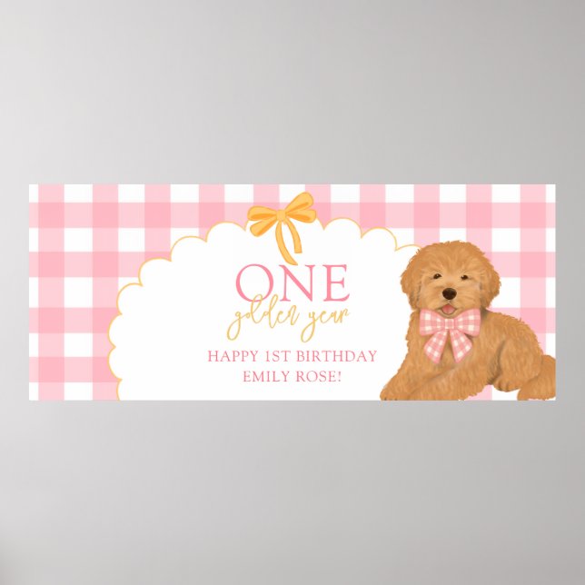Poster Um Ano Dourado Doodle Cachorrinho Rosa de 1º Anive (Frente)