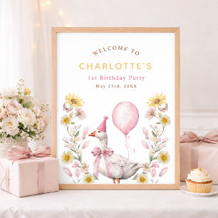 Poster Um Arco Rosa de Ganso Bobo Bem-vindo ao 1º Anivers