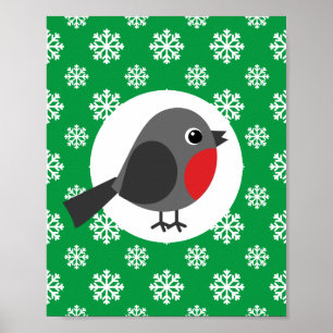 Poster Um belo desenho animado Robin com flocos de neve