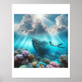 Poster Um belo mergulhador encontra um navio destruído no