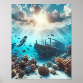 Poster Um belo mergulhador observa um naufrágio