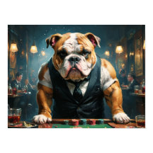 Um buldogue inglês como um croupier num cassino -
