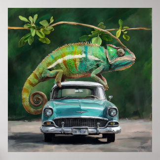 Poster Um camaleão empoleirado num carro numa pintura vib