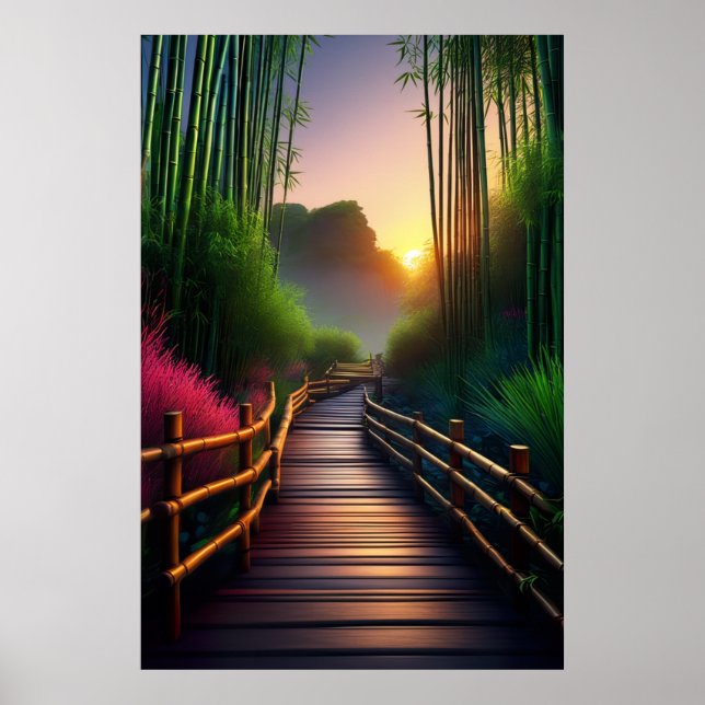 Poster Um caminho de madeira para o encantador pôr do sol (Frente)