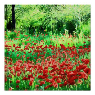 Pôster Um Campo De Arte Paisagística De Flores Vermelhas