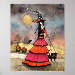 Pôster Um Cartaz de Bruxas Fantasia de Halloween com Gato