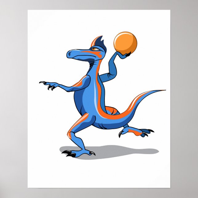 Poster Um Cartoon Iguanodon Jogando Basquete. (Frente)