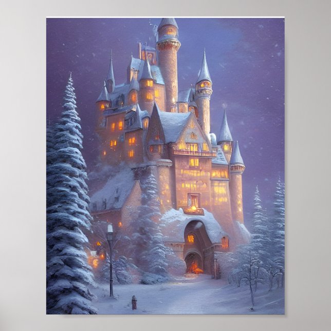 Poster Um Castelo Bonito Iluminado na Neve (Frente)
