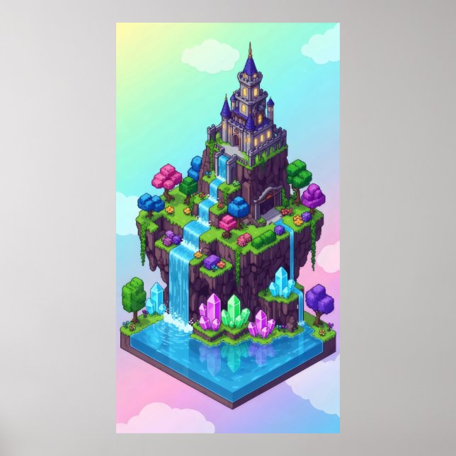 Poster Um castelo ilha sonhador com cachoeiras (Frente)
