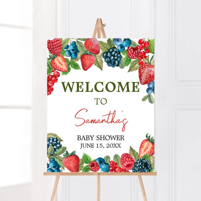 Poster Um Chá de fraldas Berry Sweet bem-vindo (Sweet Girl Berry Baby Shower Welcome Sign)