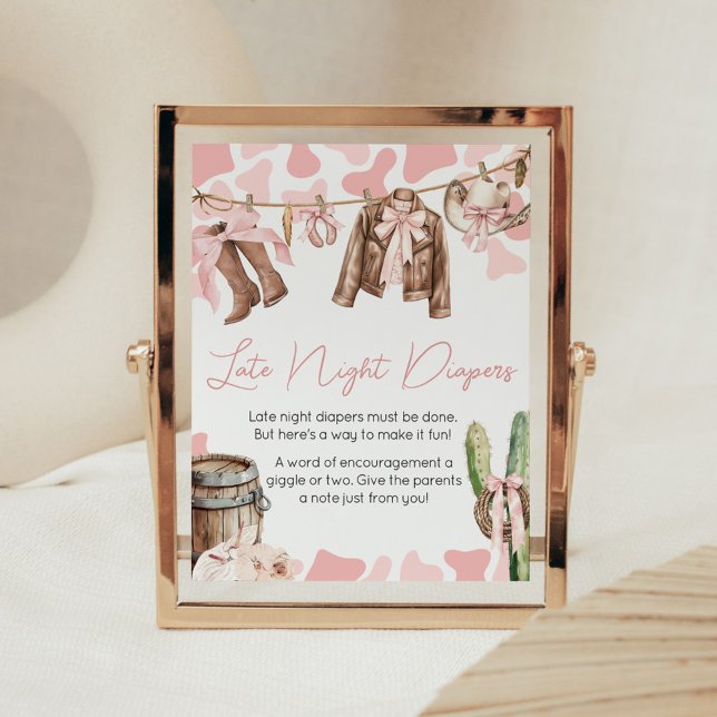 Poster Um Chá de fraldas De Garçonete Tarde Fraldas Notur (A Little Cowgirl Clothesline Baby Shower Late Night Diapers Sign)