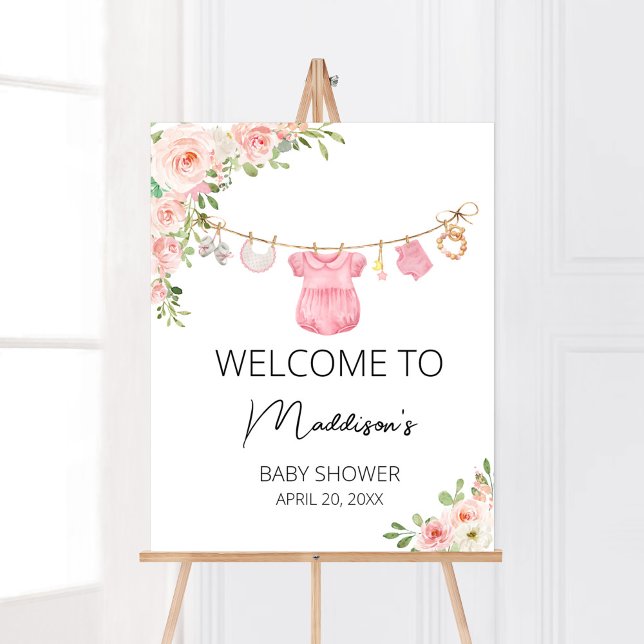 Poster Um Chá de fraldas de roupas de bebê doce bem-vindo (A Sweet Girl Baby Clothes Baby Shower Welcome Sign)