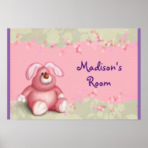 Poster Um Coelhinho Rosa Fofo com Corações e Folhagens