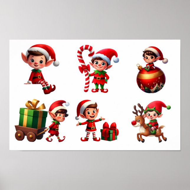Poster Um conjunto de Elfos de Natal em várias poses (Frente)