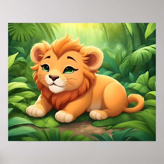 Poster Um Cubo de Leão Laranja na Selva (Frente)