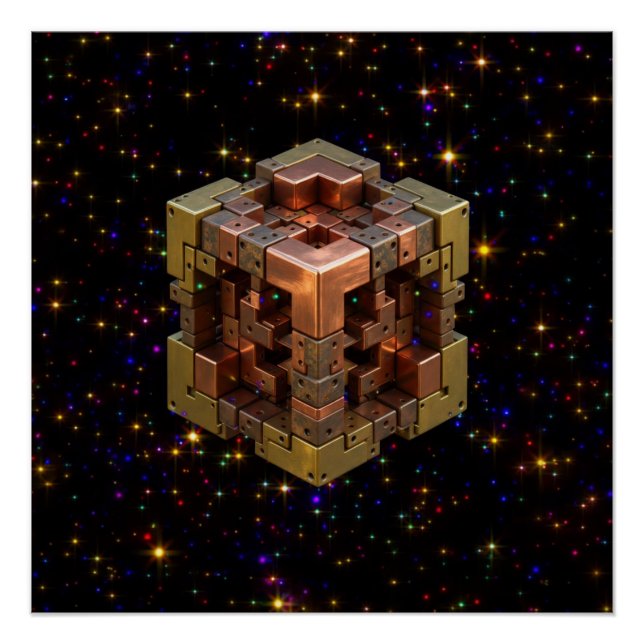 Pôster Um Cubo Fractal Metálico Com Explosões de Estrelas (Frente)