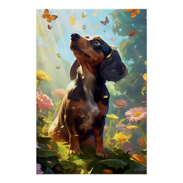 Pôster Um Dachshund Curioso com Borboletas (Frente)