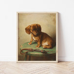 Poster Um Dachshund Puppy | Carl Reichert<br><div class="desc">A Dachshund Puppy (1888) | Carl Reichert, A Dachshund Puppy, é um retrato delicioso que apresenta um pequeno cachorrinho marrom escondido num banco de madeira. A trabalho de arte captura a curiosa e inocente expressão do filhote com um detalhe refinado, desde a textura macia do pelo até ao sombreamento sutil...</div>