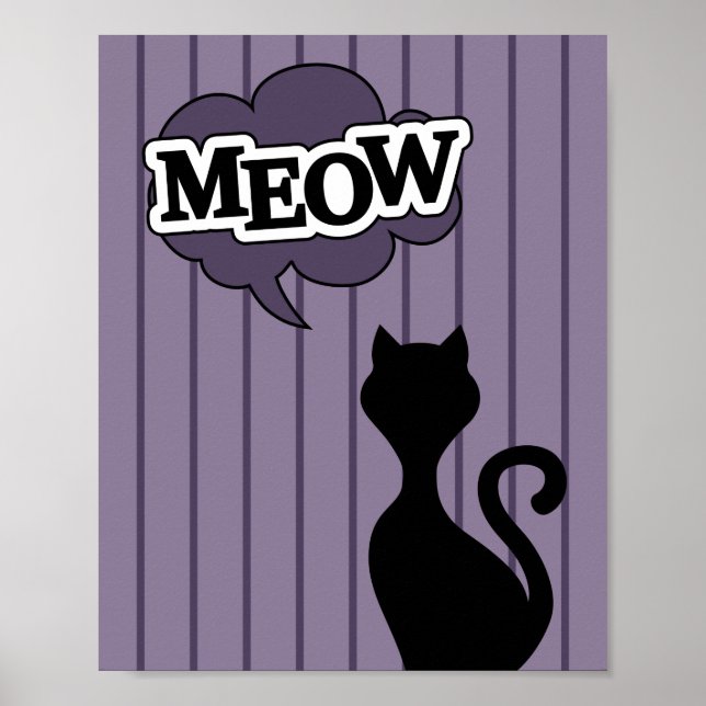 Poster Um desenho de gato preto bonito citou meow (Frente)