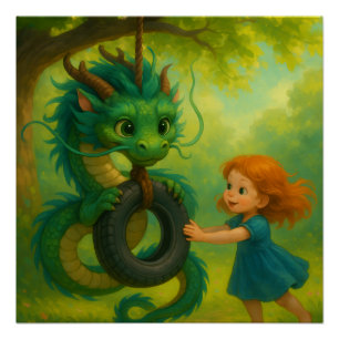 Pôster Um Dragão Bebê Verde Asiático com Fantasia de Olho