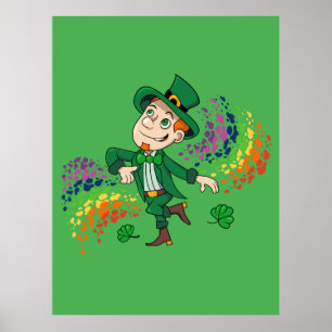 Poster Um duende dançante bonito e feliz, um arco-íris