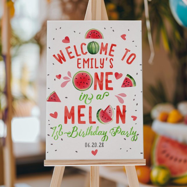 Pôster Um em um melão, sinal de boas-vindas ao primeiro a (red one in a melon, girl summer 1st birthday welcome sign, birthday party decor.)