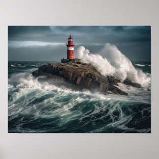 Poster Um farol rodeado por ondas
