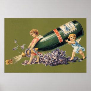 Poster Um Feliz Ano Novo, Anjos Vintage com Champanhe