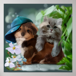 Poster Um filhote e um gatinho cinza