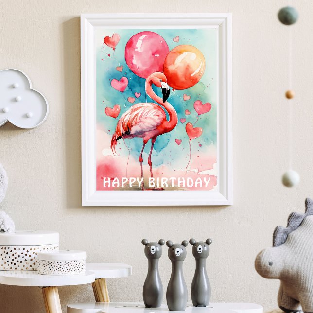 Poster Um flamingo bonito com balões de aniversário (Criador carregado)