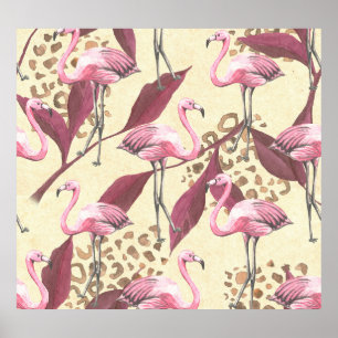 Poster Um flamingo rosa tropical, padrão-leopardo.