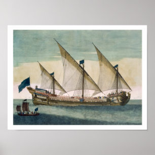 Pôster Um Galleass três-suprido corrente pela vela, remo
