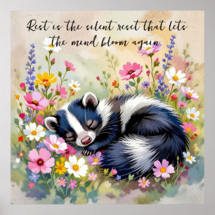 Poster Um Gambá Adorável Dormindo em Flores e Citação