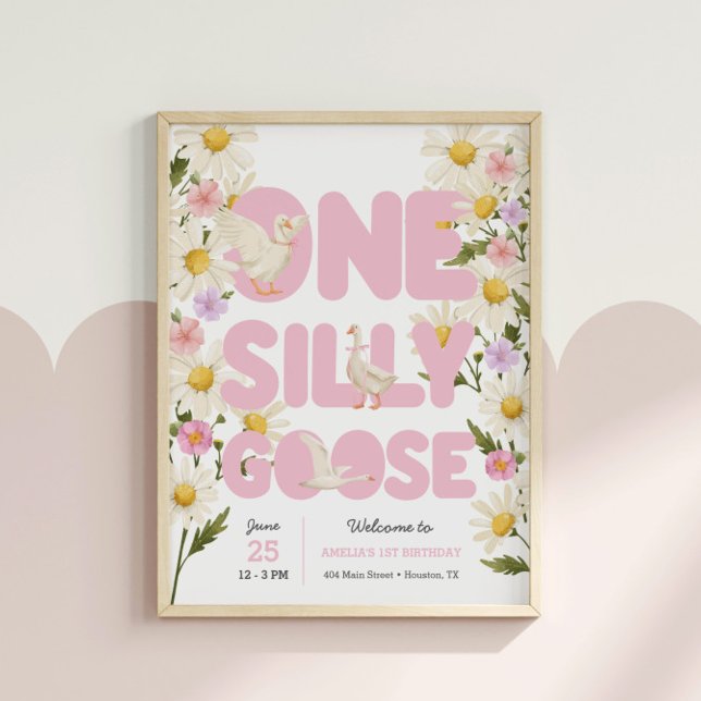 Poster Um ganso Bobo | Primeiro aniversario Rosa Floral G (Criador carregado)