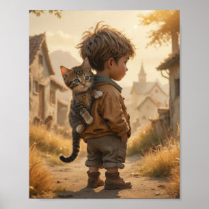 Poster Um garoto fofo e seu gatinho