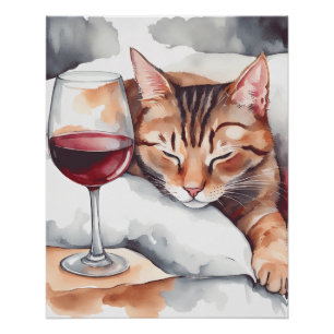 Pôster Um Gato Adormecido E Copo De Vinho Tinto, Amante D