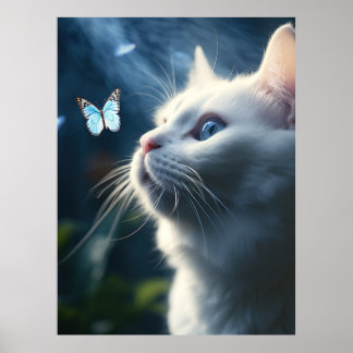 Poster Um Gato Branco com Olhos Azuis Olha uma Borboleta