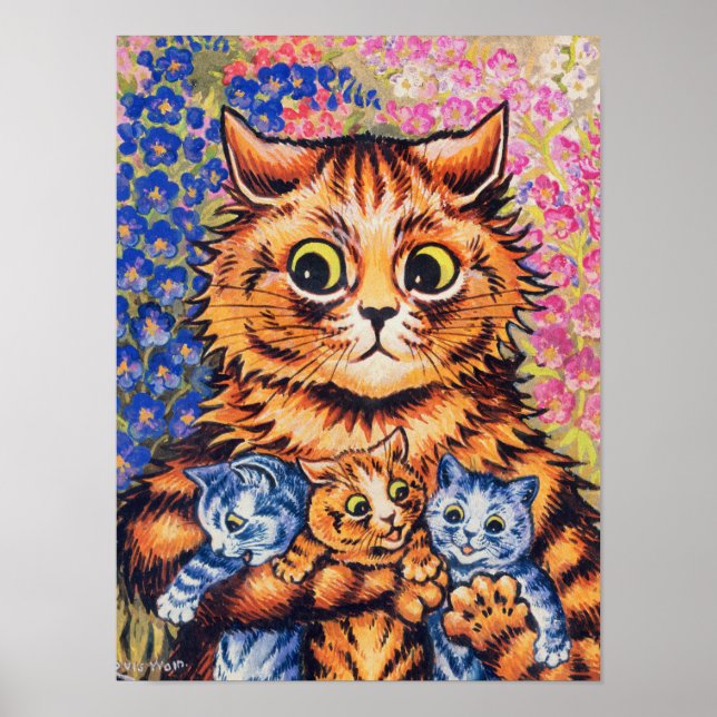 Poster Um gato com seus filhotes por Louis Wain (Frente)