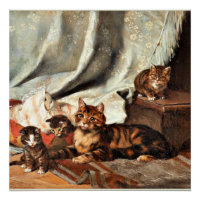 Um Gato com Três Gatinhos, pintura de arte