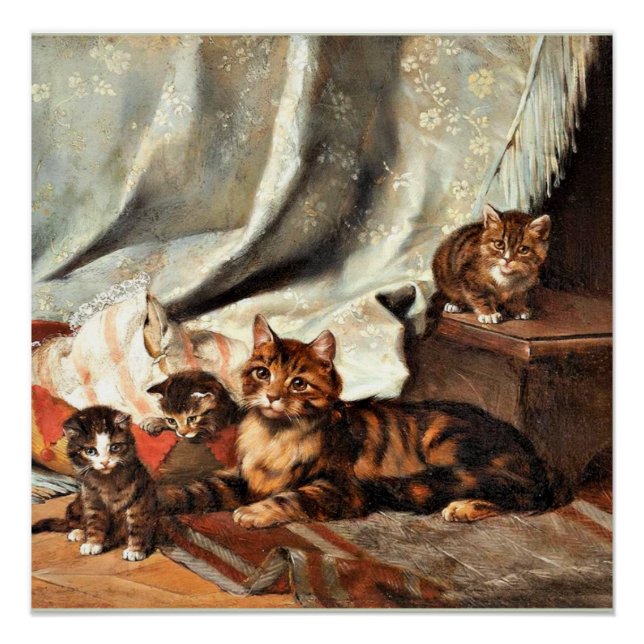 Pôster Um Gato com Três Gatinhos, pintura de arte (Frente)