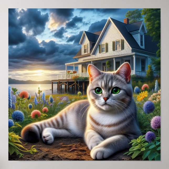 Poster Um gato de focinho doméstico em um cenário rural (Frente)