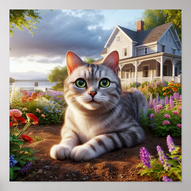 Poster Um gato de focinho doméstico em um cenário rural (Frente)