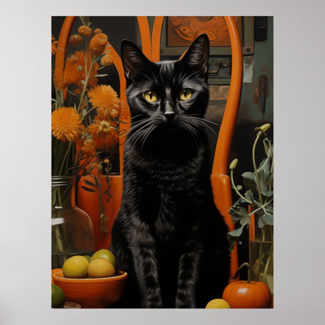 Poster Um Gato Negra Gordo numa Cadeira Laranja (Frente)