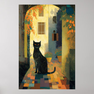 Poster Um gato negro na vila do Mediterrâneo