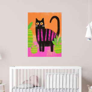 Poster Um Gato Preto Com Bandas Rosa e Plantas Domésticas