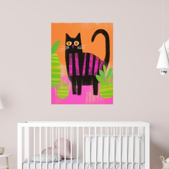 Poster Um Gato Preto Com Bandas Rosa e Plantas Domésticas (Berçário 2)