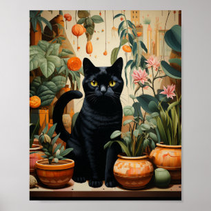 Poster Um Gato Preto Com Plantas Domésticas
