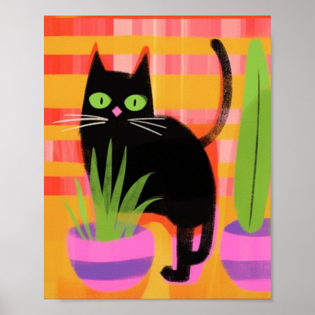 Poster Um Gato Preto Com Plantas Domésticas (Frente)