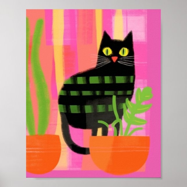 Poster Um Gato Preto Com Plantas Domésticas Cor-De-Rosa L (Frente)